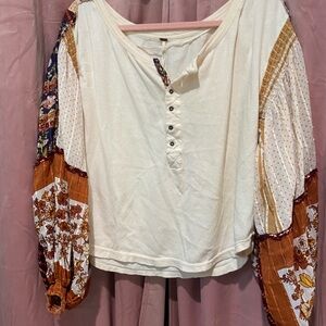 Free People Cream Blouse with Colorful Patchwork Sleeves